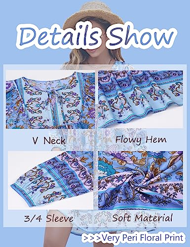 Image of Bluetime Women Casual Summer Dress Boho V Neck 3 /4 Sleeve Babydoll Floral Print Flowy Beach Dress