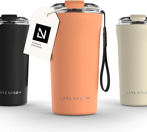 LARS NYSØM Taza Térmica de Café para Llevar con Correa 17oz  Taza de Viaje 0.5 Litros con Aislamiento  Vaso Térmico de Acero Inoxidable a Prueba de