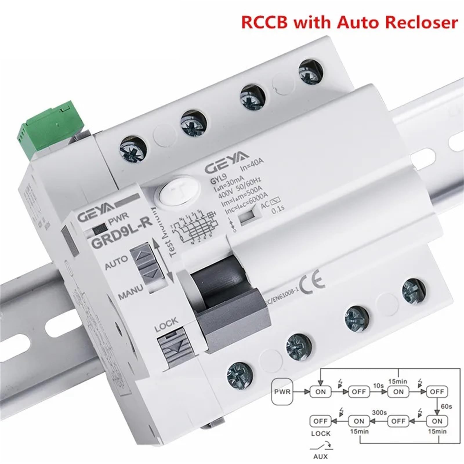 GRD9L 6KA FI-Schutzschalter, 4-polig, automatische Wiedereinschaltung, Fernsteuerung, Leistungsschalter, selbsteinschaltender RCD(GRD9L-R-DC12V,RCCB-4P 40A 100mA)