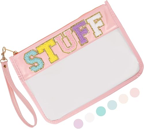 Iqimott Bolsa transparente con letras, bolsa de maquillaje para viajes, playa, aperitivos, para mujeres y niñas, Cosas-Rosa, Bolsa transparente de