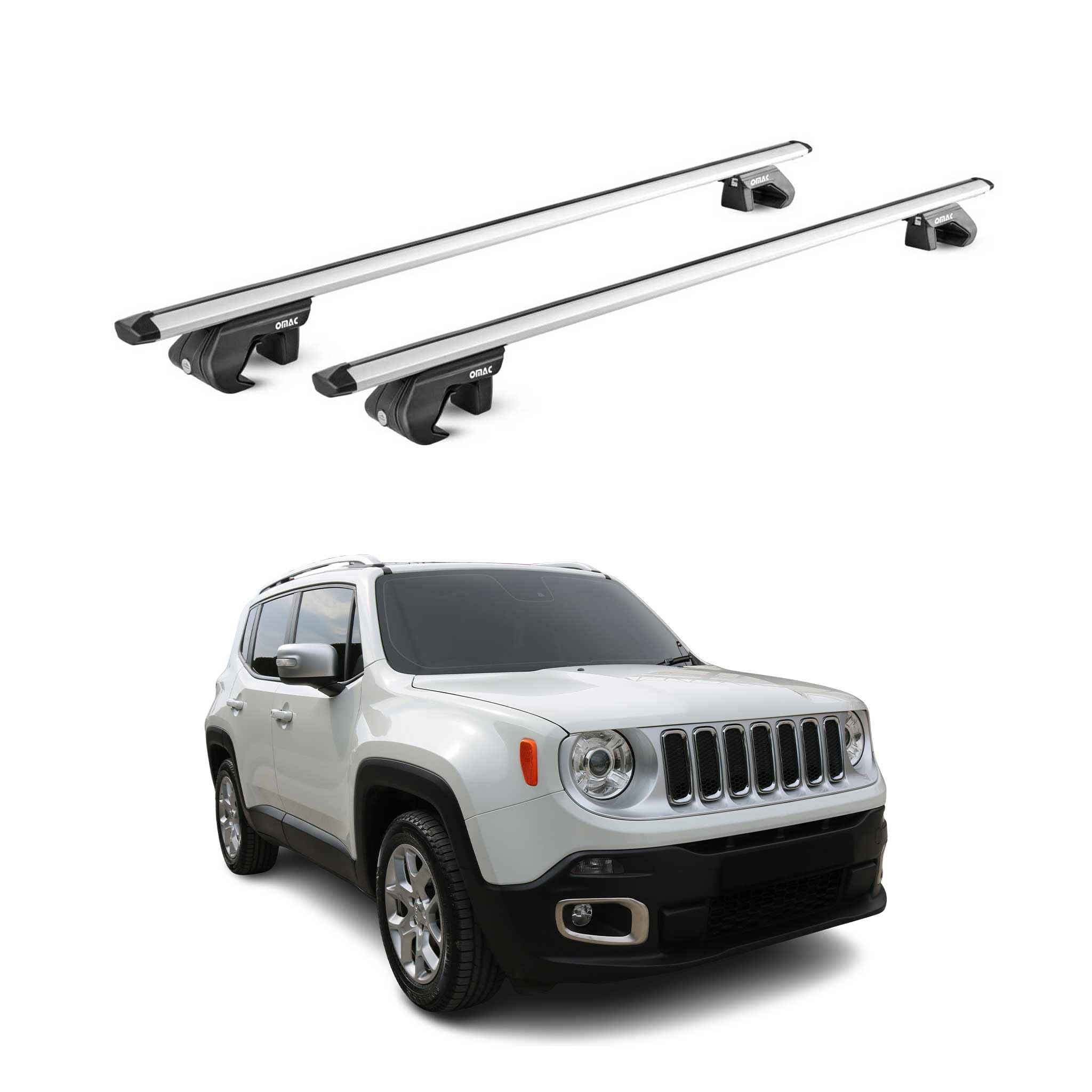 OMAC Barras de Techo Aluminio TÜV geprüft para Jeep Renegade 2015-2025 – para Barras Estándar – T Nut – MAX 90 kg – 2 Schlösser Plata