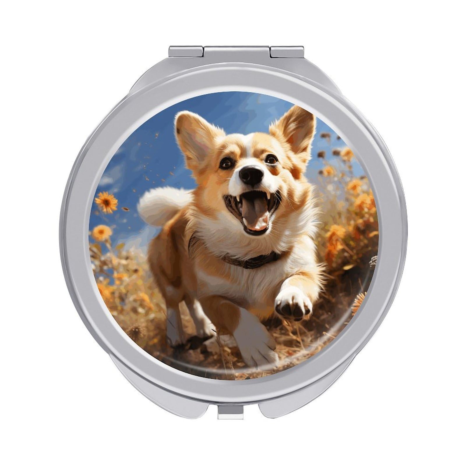 JTREHY Running Corgi Makeup Mirror Portable Folding Mirror Compact Travel Mirrors 2-Sided Round Pocket Mirrors Cute Handheld Beauty Mirror for Handbag Purse for Women Gift