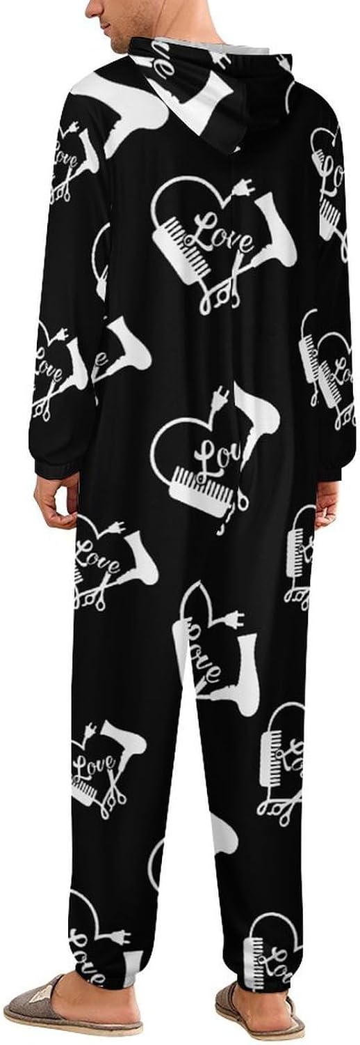 Hairdresser Hairstylist Love Adult Pajamas Onesie with Hood Pocket Jumpsuits One Piece Sleepwear