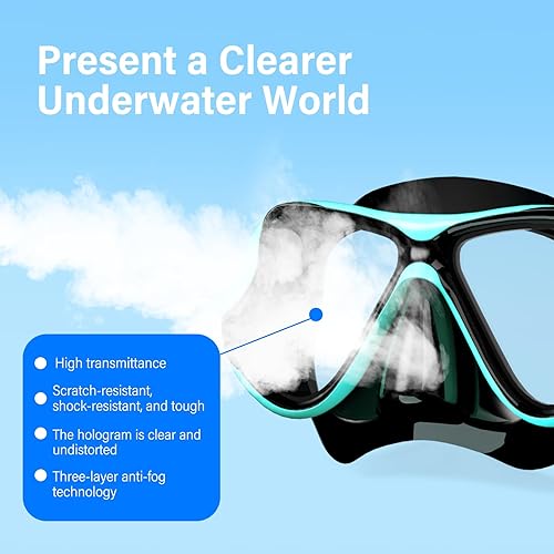 Miniatura 5 de Equipo de esnórquel para adultos, juego de máscara de esnórquel de vidrio templado de 180 grados, gafas antivaho con parte superior seca, máscara de