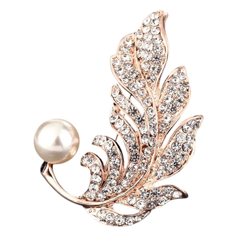 Rose Gold Layered Crystal Leaves with Pearl Brooch Pin, Alloy, Modern, Lobster Claw Clasp, 4x4x2 Centimeters-image-48