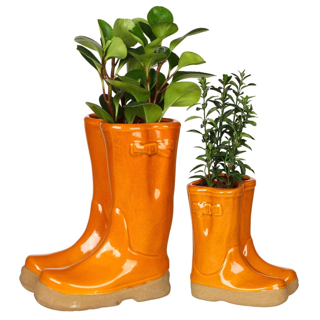 Dibor Set of 2 Flower Pot Planters - Small & Large Wellington Boot (Orange) — image 1