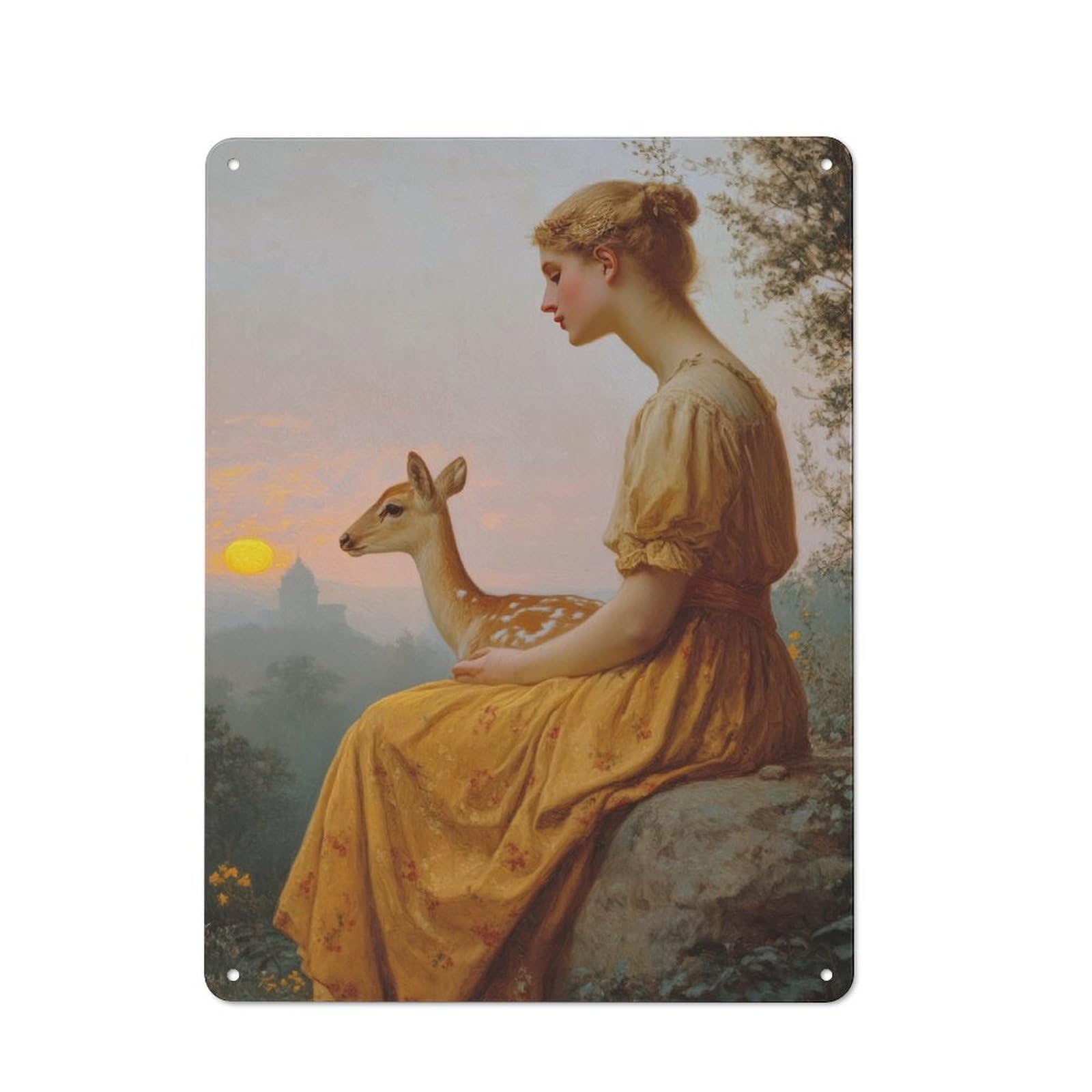 Junmoney Woman And Fawn At Sunset Classic Metal Wall Decor 40X30cm, Decorative Metal Sign For Workspace, Cafe, Shop Or Desk Area