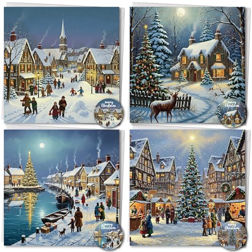 Simply Gifted Charity Christmas Cards Pack of 24 Christmas Cards Multipack 4 Cute House Design with Envelopes & Stickers-125x125mm Luxury Charity Xmas Cards Festive Seasons Xmas Cards for Loved Ones