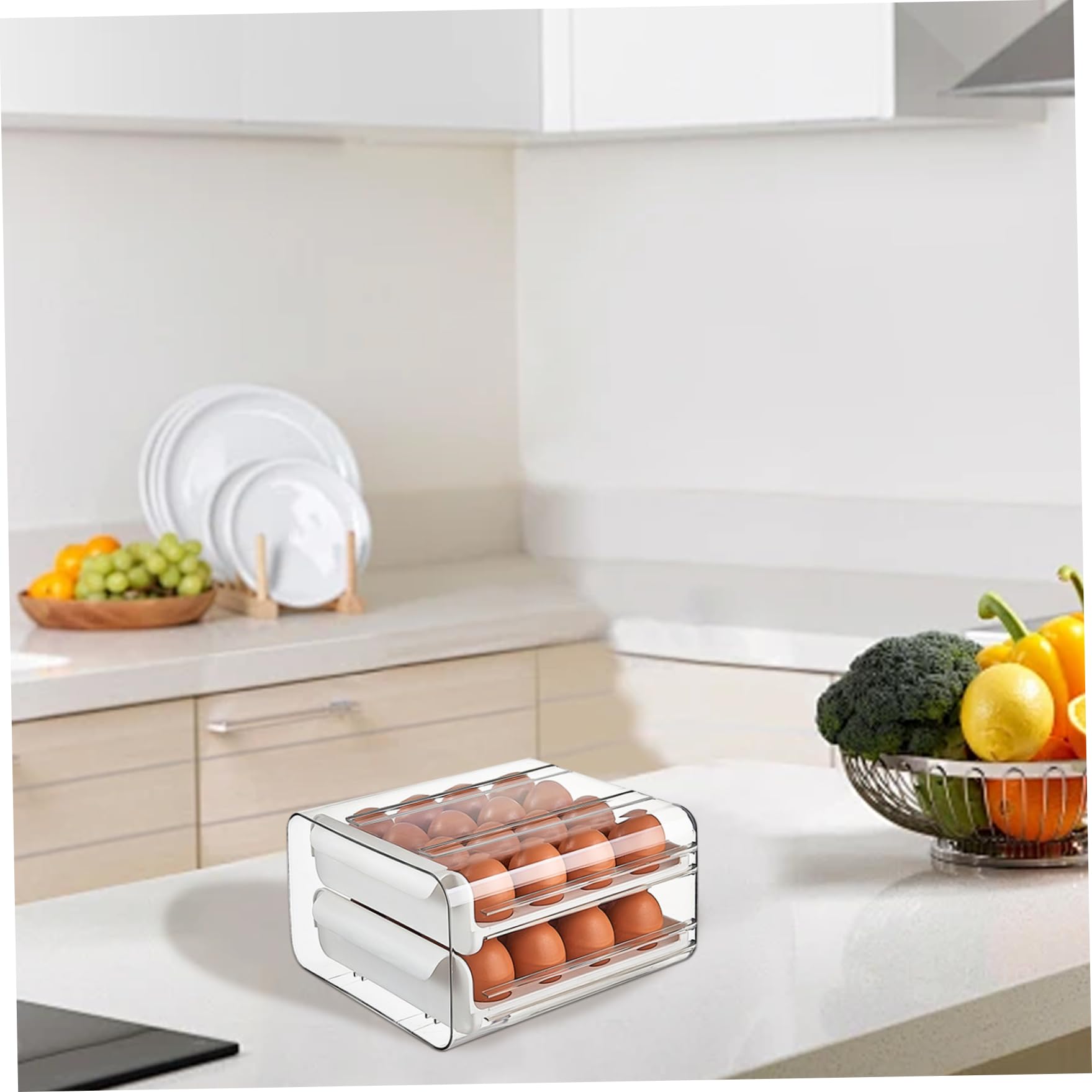 Almacenamiento de huevos para el refrigerador, 2 capas 32 cuadrículas de huevo con manijas, recipiente de almacenamiento de plástico transparente apilable y ahorrable para el refrigerador.