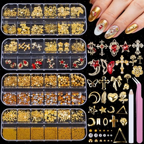 Gold Nail Charms and Nail Gems with 4 Boxes of Rhinestones 3D Metal for Nail Art Tools Supplies & Design Small Y2K Star Heart Shape Seashell Butterfly Ginkgo Leaf Charms for Women DIY Accessories