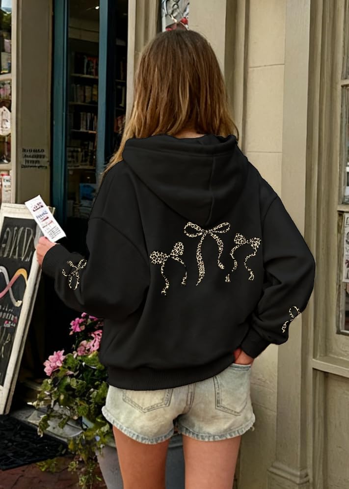 Girl's Bow Leopard Hoodies Cheetah Graphic Long Sleeve Pullover Tops Preppy Cute Sweatshirts Hoodies - Image 3