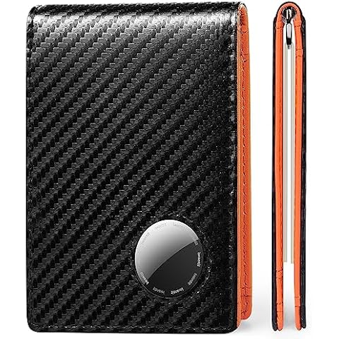 iwantit Airtag Wallet for Men, Genuine Leather Wallet with Stealth Pocket for Airtag,RFID Blocking Wallet with ID Window and Money clip for 14 Cards,Apple Airtag Wallet with Gift Box (Carbon Orange) Cover