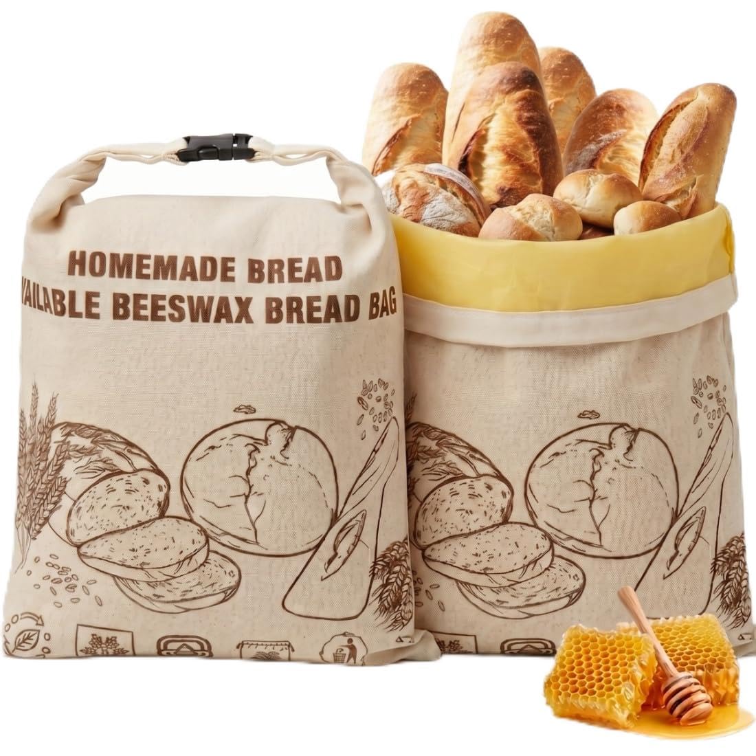Bienenwachs Brotbeutel 2er Set 45x35cm, Großer Brotbeutel Leinen Für Sauerteig, Bienenwachs Brotbeutel Aufbewahrung Frischhalten, Wiederverwendbar Statt Einwegfolie