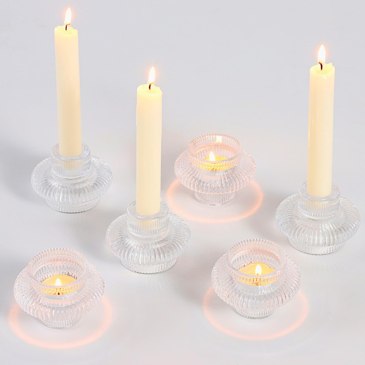 PORPAN Glass Candle Holders, Set of 6 Taper Candle Holders, Tea Light Candle Holders, Candlestick Holders, Stackable Glass Candle Holders for Table Centerpiece, Thanksgiving, Christmas(Clear)