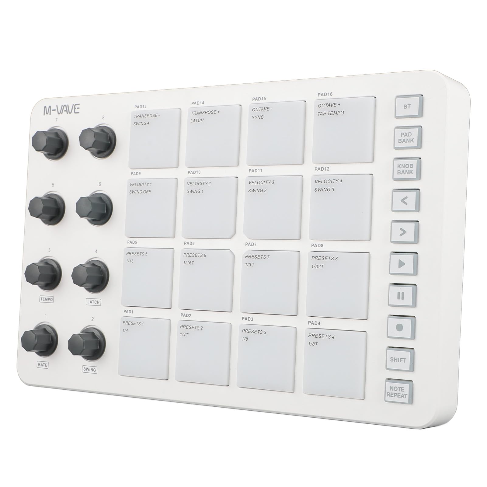 Bewinner Tragbarer Bluetooth-MIDI-Controller, 16 RGB-beleuchtete Drum-Pads mit 8 Zuweisbaren Knöpfen, Notenwiederholung, Geringe Latenz, Kabelloser MIDI-Pad-Controller für Live FL Studio Logic Pro X