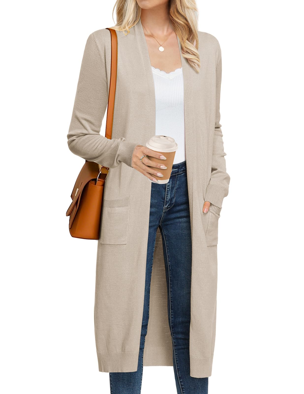 Women's 2026 Trendy Long Cardigans Sweater Lightweight Open Front Long Sleeve Maxi Duster Coats with Pockets, Apricot, X-Large-image-39