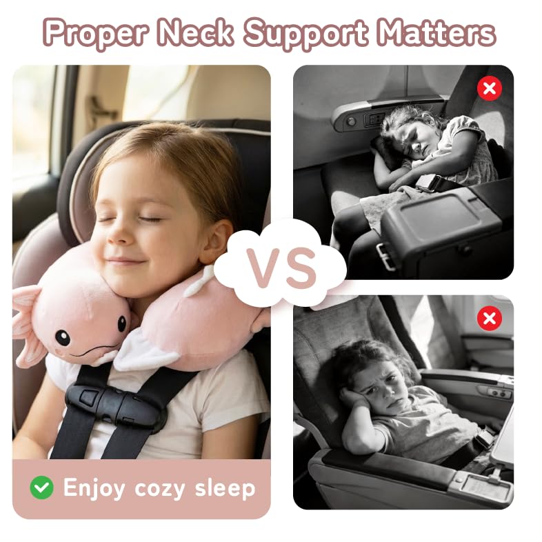 Image of Kids Travel Neck Pillow for Ages 3-8 with Memory Foam, Pink Axolotl | Removable cover, 13 in neck size, hidden zipper, machine washable, head and chin support, car seat and airplane use