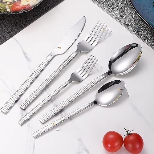 Miniatura 6 de Juego de cubiertos negros martillados para 10 cubiertos modernos, 50 piezas de acero inoxidable pulido con espejo, juego de vajilla, cuchillos de