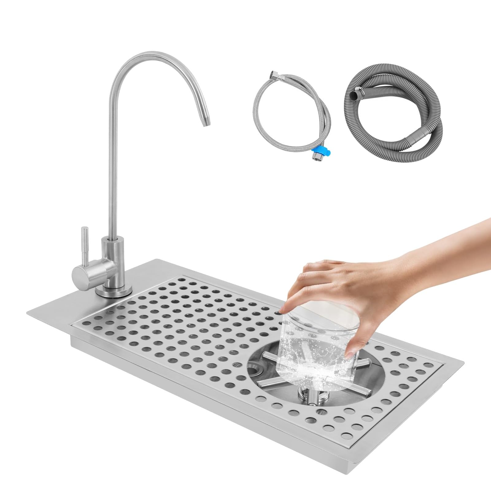 Lavabicchieri professionale, lavabicchieri in acciaio inox con tubo di scarico da 1,5 m, tubo di ingresso acqua da 80 cm, lavabicchieri multiangolare con rubinetto, per bar, caffetteria, hotel, casa