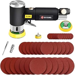 SIFANG Mini-polijstmachine, perslucht, excentrische schuurmachine, 25/50/75 mm, excentrische schuurmachine, persluchtgereedschap met 45-delig mix grit schuurpapier, persluchtschuurmachine voor het
