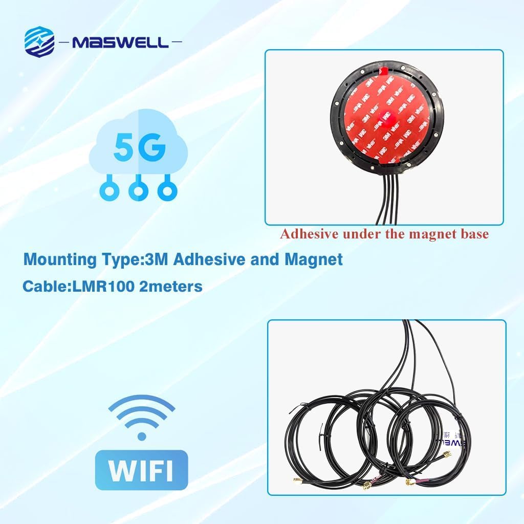 Maswell Antenna Combinata 4-in-1: 2X 5G + 2X WiFi 6, Tecnologia 2x2 MIMO 700-4900MHz per Bluetooth/WiMax/Zigbee, 2 Connettori SMA/RP-SMA, Montaggio Magnetico e Adesivo (Antenna Non Alto Guadagno)
