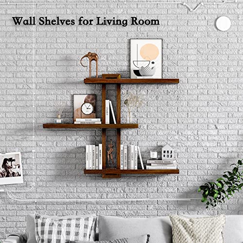 Image of yaqew Variable Floating Shelves Wood Set of 3, Bathroom Shelves 28.35 inch Max, Rustic Wall Shelves for Living Room Bedroom Farmhouse - Dark Walnut Color - 28.35 inch x 23 inch x 4.3 inch Max