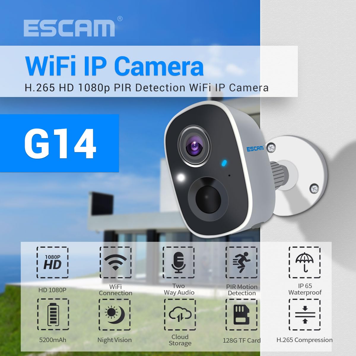 visiPower G15 2.8mm Lens AI Camera 2MP CMOS Sensor 1920 * 1080P Two-Way Voice intercom H.265 IP Camera 2.4G Wi-Fi (IEEE802.11b/g/n), Built-in Antenna