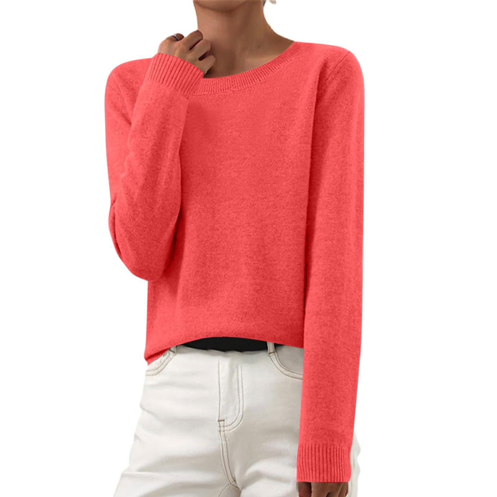 Cashmere Sweaters for Women Crew Neck Long Sleeve Casual Knitted Jumper Lightweight Wool Soft Basic Pullover Tops