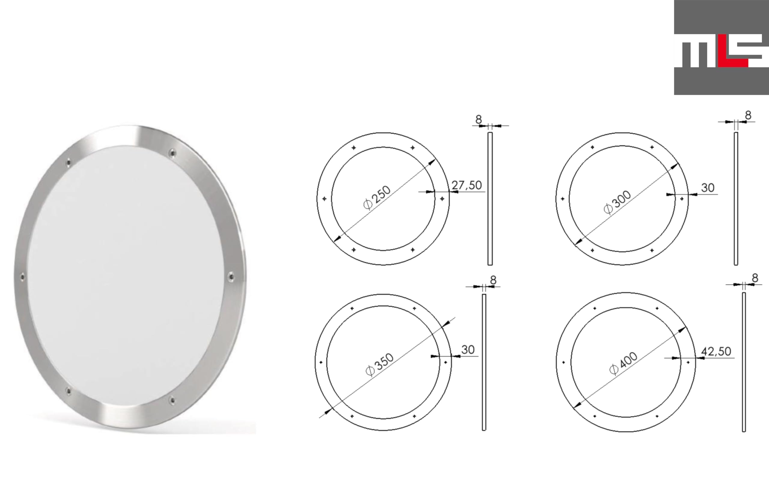 MLS Hublot B5000 de Porte, Acier Inoxydable,1 Anneau, 350 mm, Verre Clair | Verre de Sécurité Feuilleté, Montage Direct sur Panneau de Porte, Sans Découpe, Vis Visibles d'un Côté, 1 Pièce