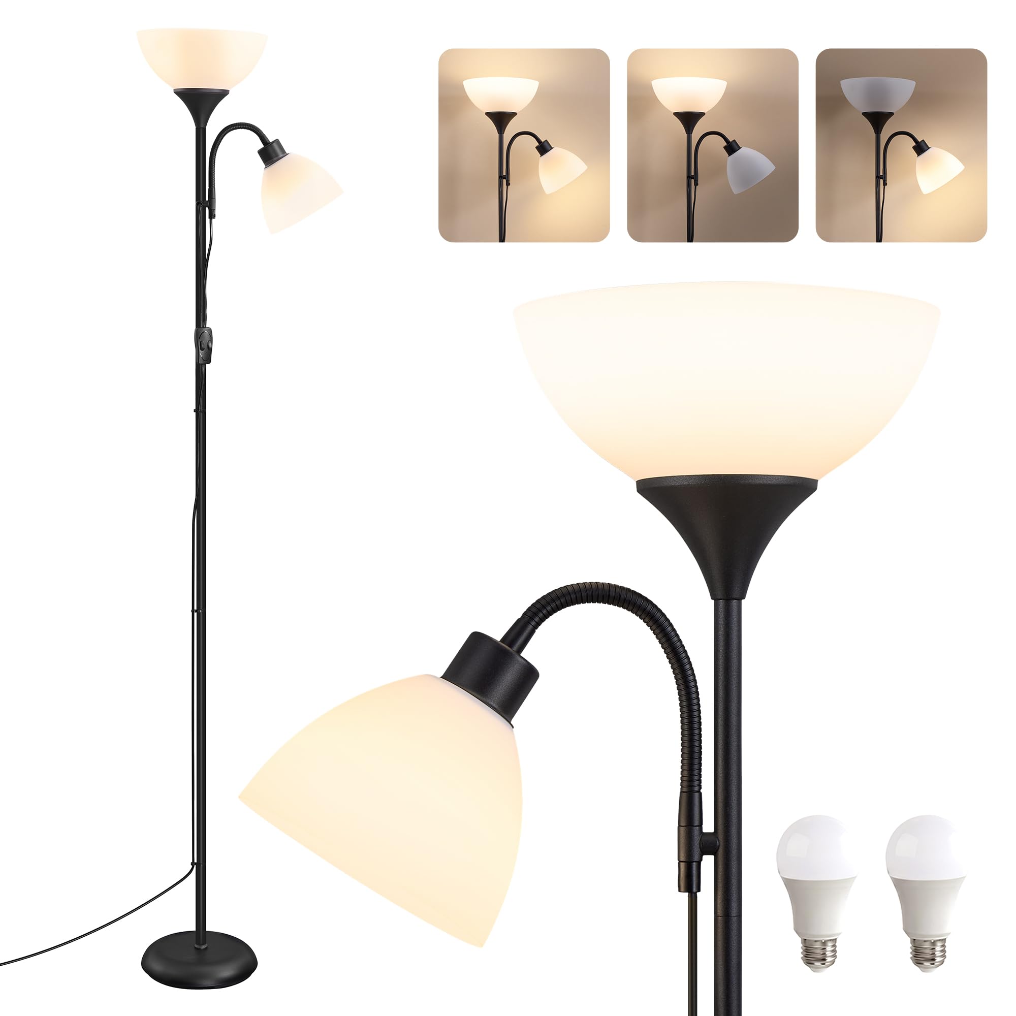 VASAGLE LED Floor Lamp with Reading Light, Tall Standing Uplighter, Corner Mood Lighting, 38.5 x 23.5 x 176 cm, Frosted Black, for Living Room, Bedroom, Lusia Collection LFL019B203