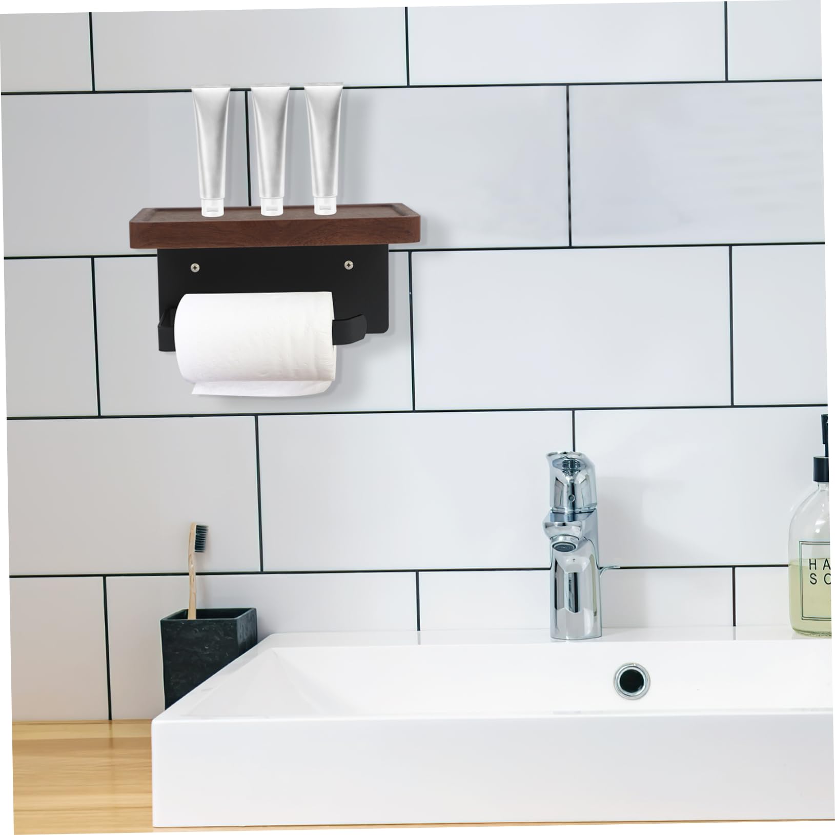 Portarrollos Papel Pared con Estante de Madera de Nogal Negro Soporte Práctico para Baño y Cocina Diseño Elegante para Pequeños Objetos