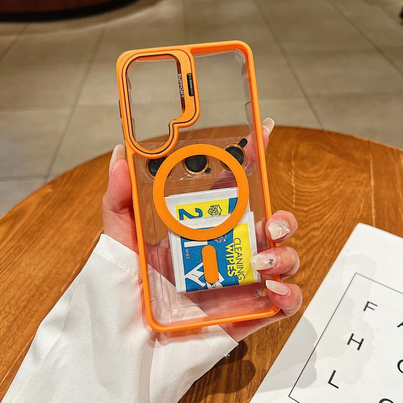 Image of LuxuryKase Clear Case Compatible with MagSafe for Samsung Galaxy S26 | Shockproof Transparent Cover with Camera Lens Protection | Metal Ring Stand & Wireless Charging Support - Orange