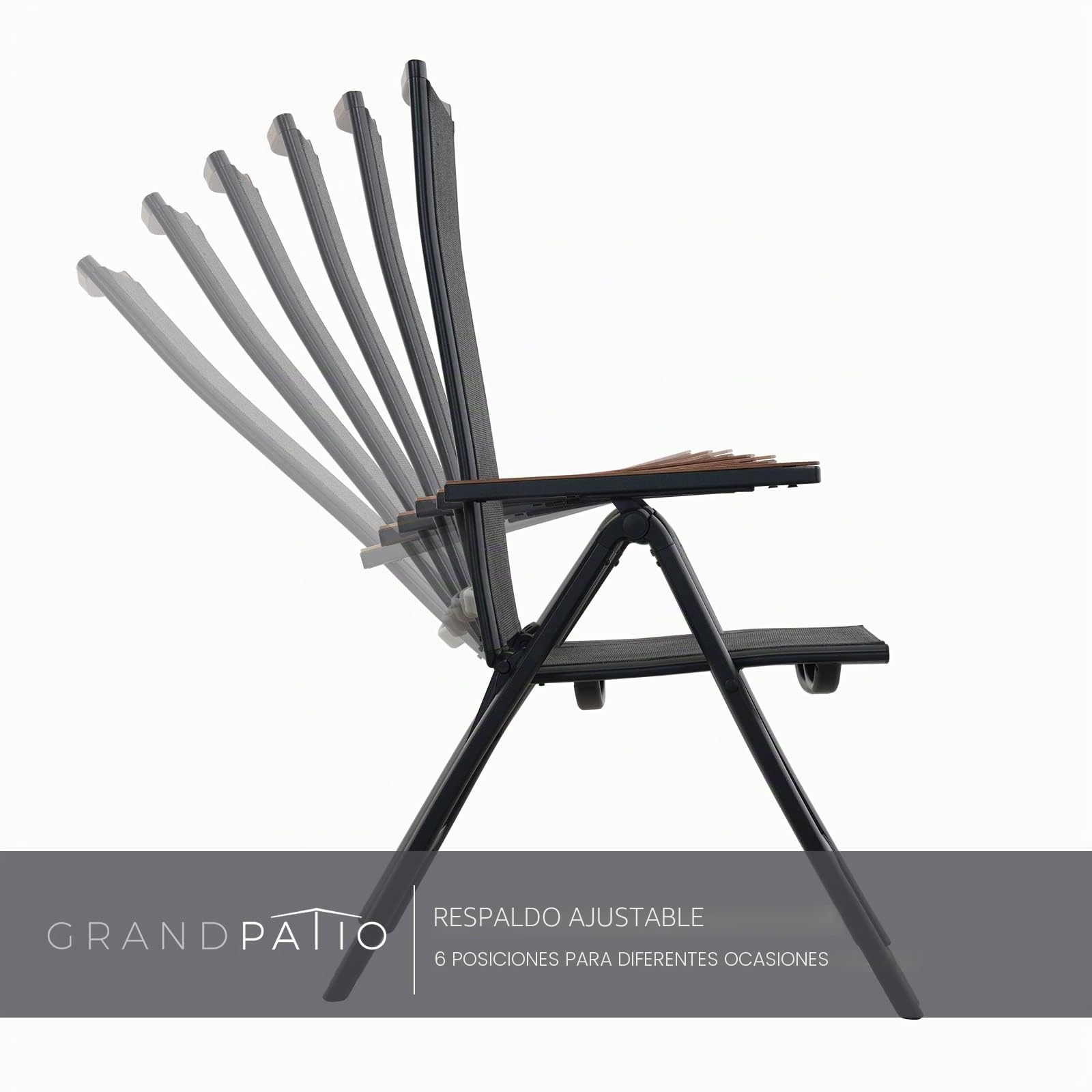 Grand patio Silla de jardín de Respaldo Alto, Plegable Silla de Aluminio, con Reposabrazos Resistentes, Ajustable de 6 Posiciones, Ligera, Portátil, Silla para Interiores (Negro)