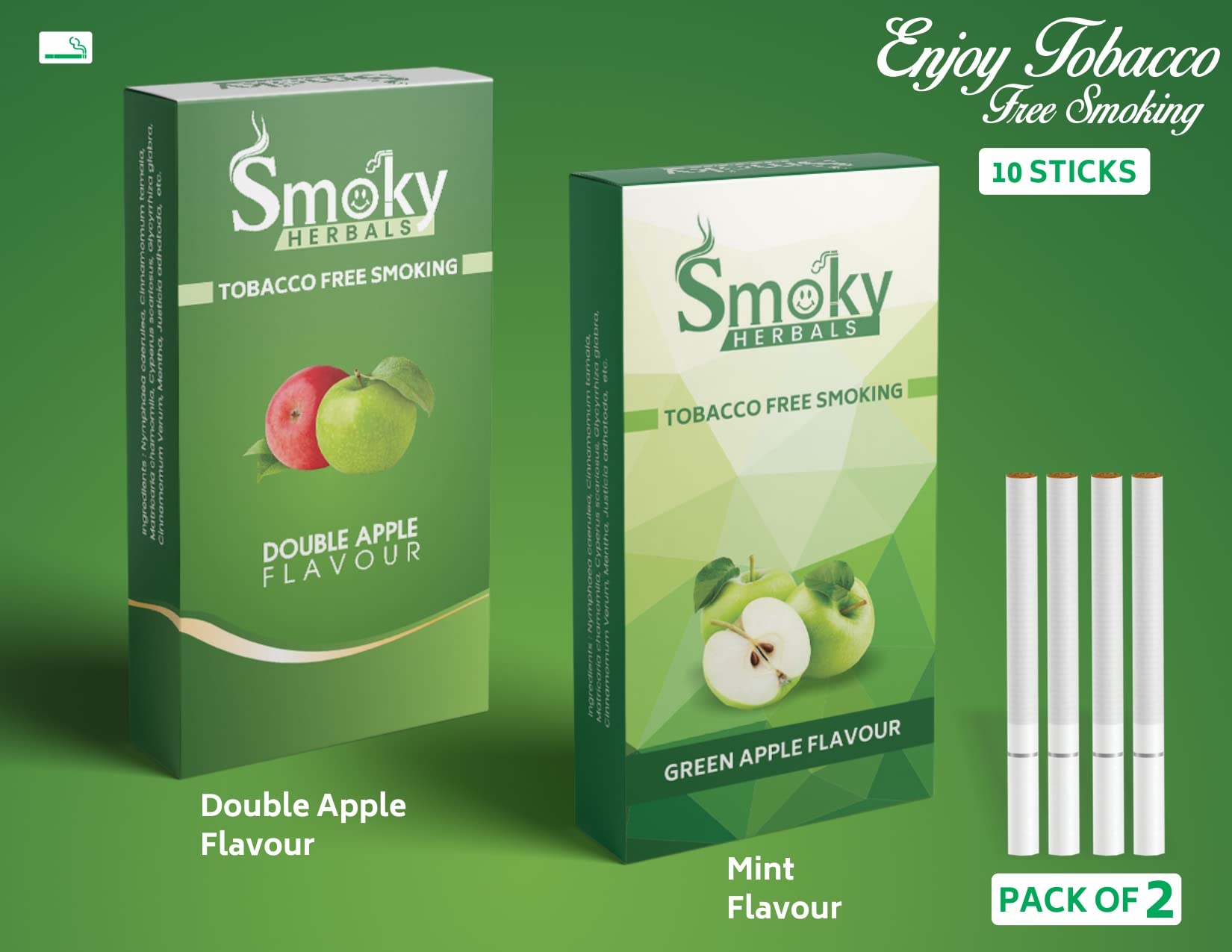 Buy Smoky Herbals Pack of 2 Flavours 100% Tobacco & Nicotine Free Cigarette  - 10 Sticks x 2 (DOUBLE APPLE/GREEN APPLE) Online at Low Prices in India