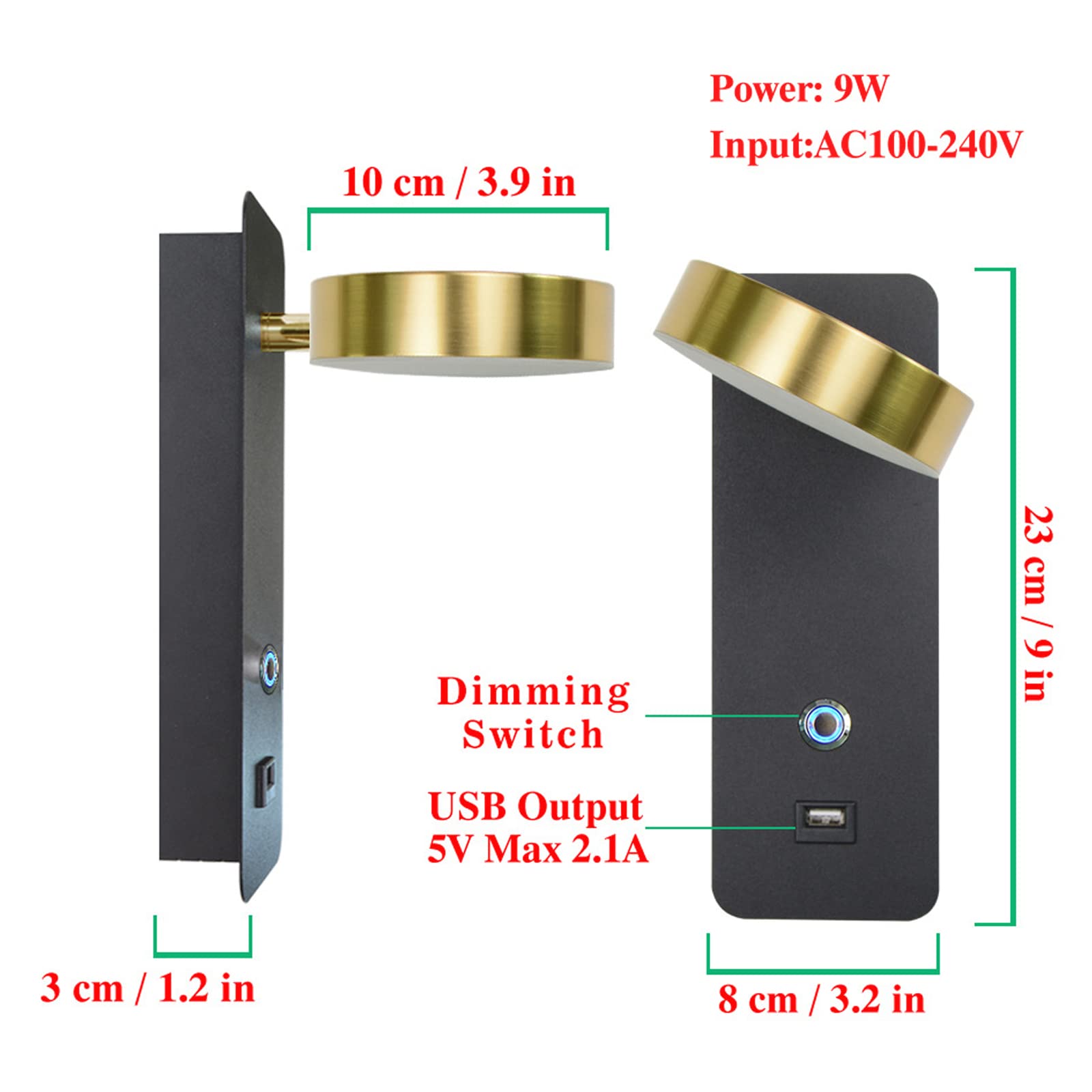 Nowoczesna lampa ścienna LED z portem USB do sypialni, salonu, hotelu, pokoju dziecięcego, biała 3000 K