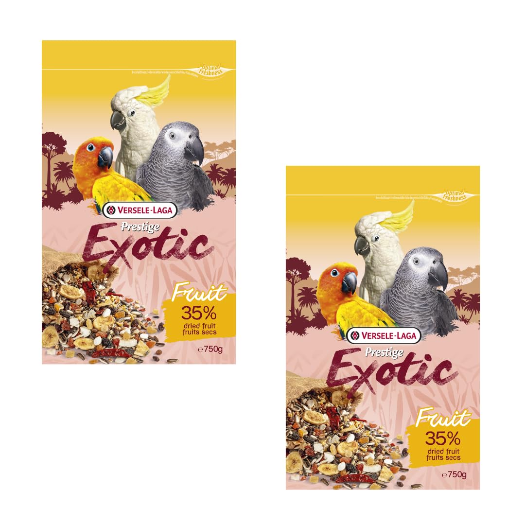 Versele-Laga Prestige Exotic Parrots Fruit | Double Pack | 2 x 750g | Complementary food for parrots | From seeds, grains and fruits | Contains papaya, banana, pineapple and apricots