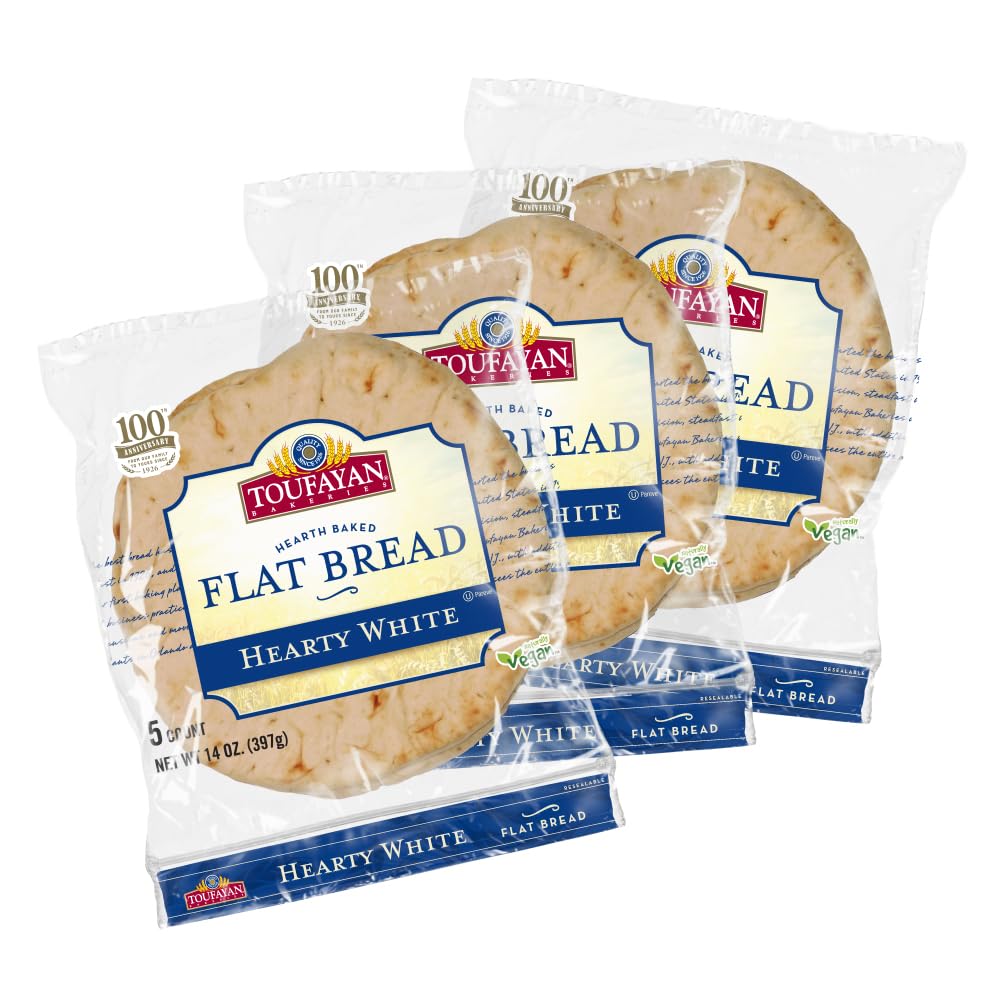 Toufayan Hearty White Flatbread – Soft, Versatile Flatbread for Wraps, Sandwiches, Gyros & Pizzas | Freeze Upon Arrival | 3 Pack (15 Flatbreads Total)