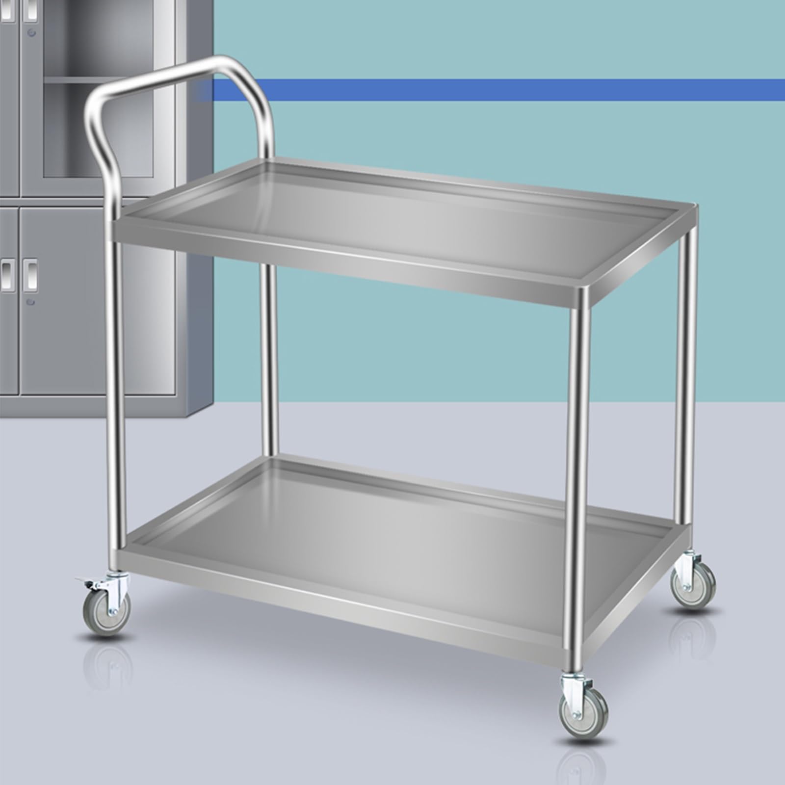 Chariot à roulettes utilitaire en acier inoxydable avec finition polie et 2 roues verrouillables pour cuisine, restaurant, hôtel, utilisation à domicile, triple couche, 80 x 50 x 90 cm