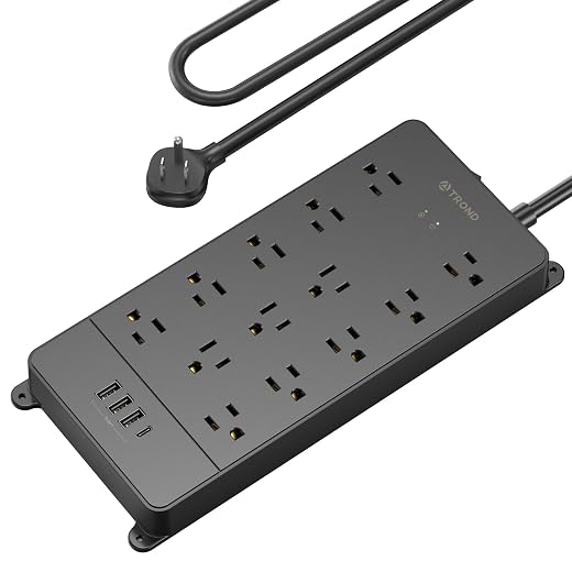 TROND Surge Protector Power Bar with USB C, 4000 Joules, ETL Listed, 13 Widely Spaced Outlets, 5ft Flat Plug Extension Cord Indoor, 14AWG Heavy Duty, Wall Mountable for Home Office Supplies, Black