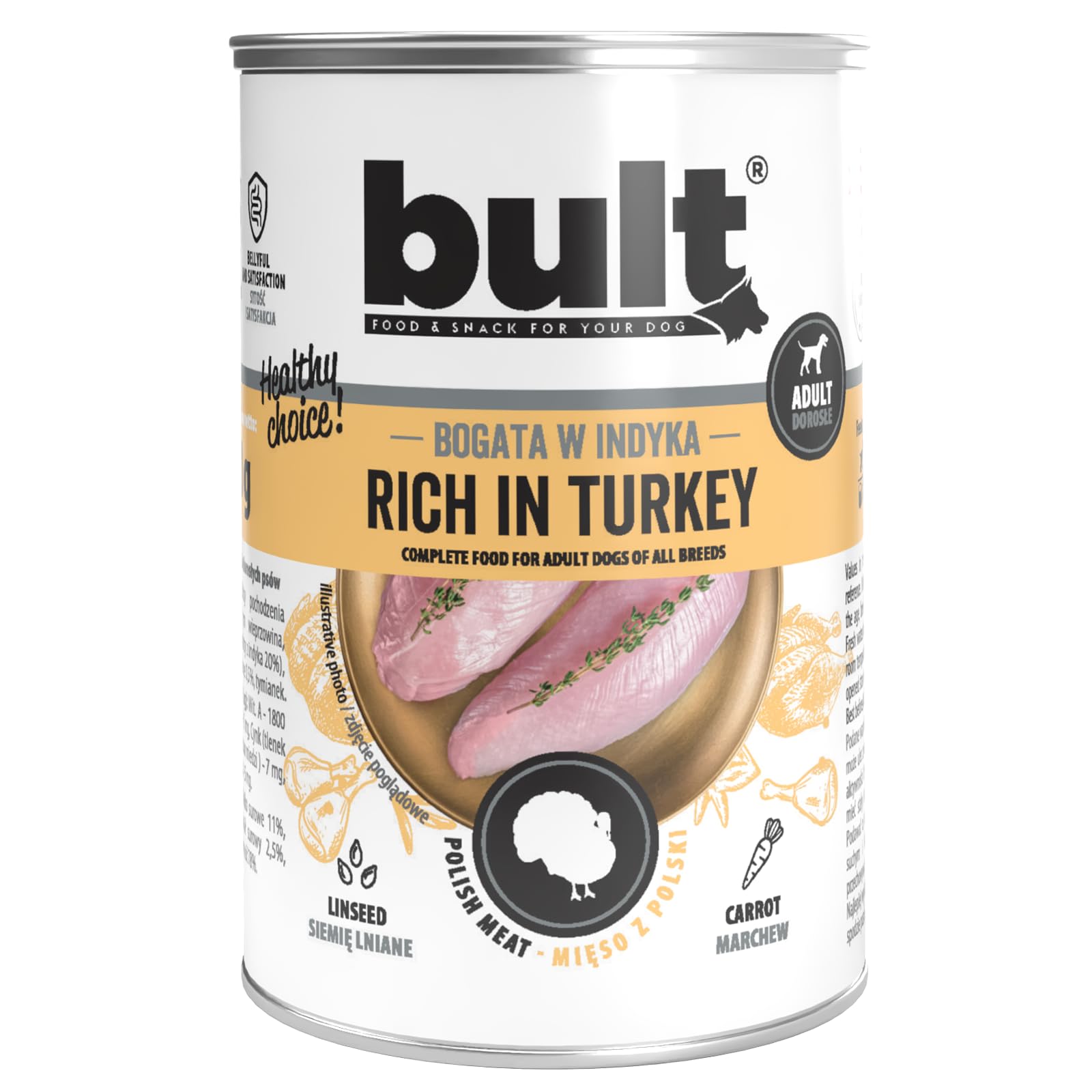 BULT Natürliches Nassfutter für Hunde,Hundefutter Nass, Truthahn | , , Pastete, Truthahn, 400g, Alle Altersgruppen, futter, Ohne künstliche Farb- und Konservierungsstoffe, 12 Stück.