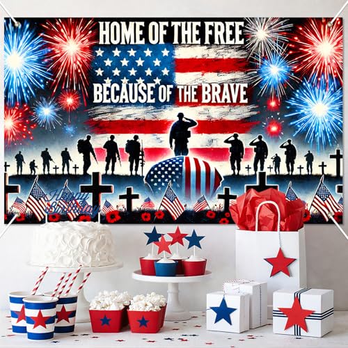 Image of BlissYard Patriotic Memorial Day Banner America Independence Day Backdrop 71 x 43 Inch Home of the Free Because of the Brave Wall Decor Patriotic National Holiday 4th of July Veterans Day Indoor Outdoor Supplies