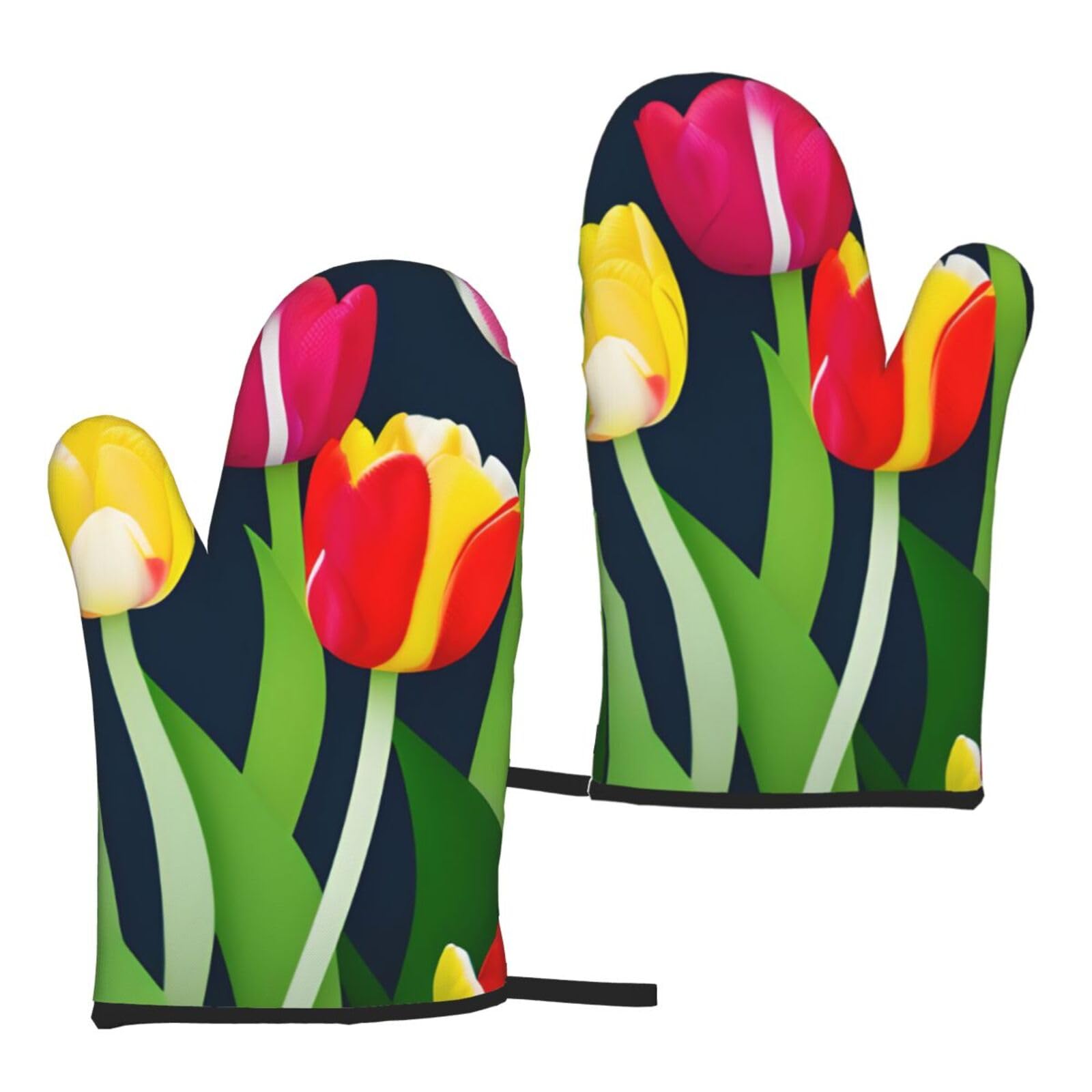 Colorful Tulips Pattern Print Heat Resistant Universal Fit Oven Microwave Gloves Home Cooking Baking Grilling