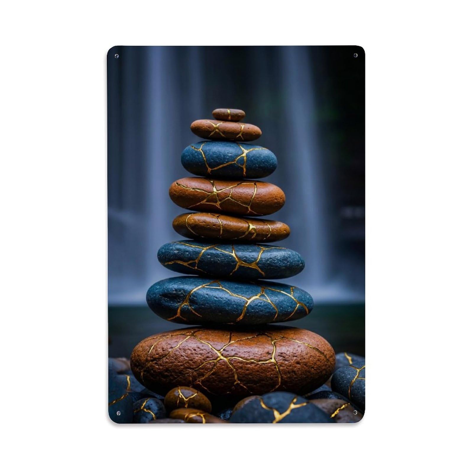 Zen Kintsugi Pebble Waterfall Balance Meditation Healing Study Metal Tin Sign Plaque Wall Decor for Cafe, Man Cave, Club Bar, Office, Home Garden Round Metal Poster 8x12Inch