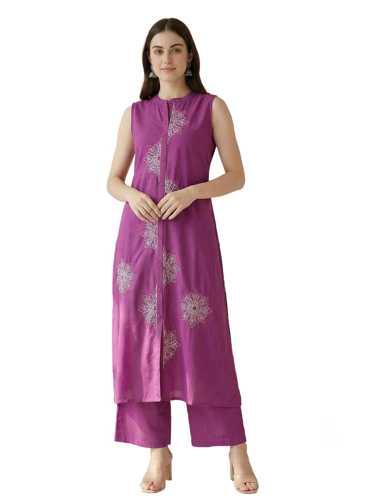 indo era Women's Pure Cotton Purple Ethnic Motifs Embroidered Thread Work Straight Kurta & Palazzo Set-picture-50