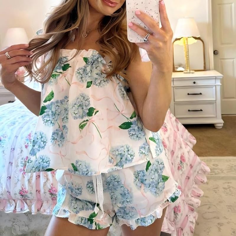 Argeousgor Womens Tie Shoulder Pajama Sets Y2k Ruffle Hem Peplum Top Floral Coquette Pjs Babydoll 2 Piece Shorts Set Lounge - Image 2