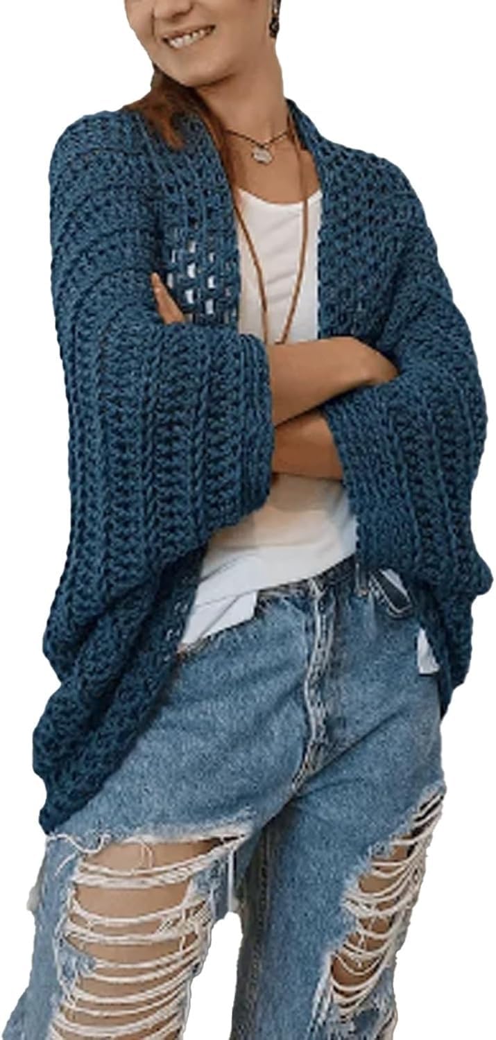 YOMACY Crochet Cocoon Shrug,Boho Cardigan For Women,Scarf Sweater Knitted Cable Wrap With Sleeves,Knitted Wrap,Cozy Crochet Cocoon Shrug(Dark Blue)