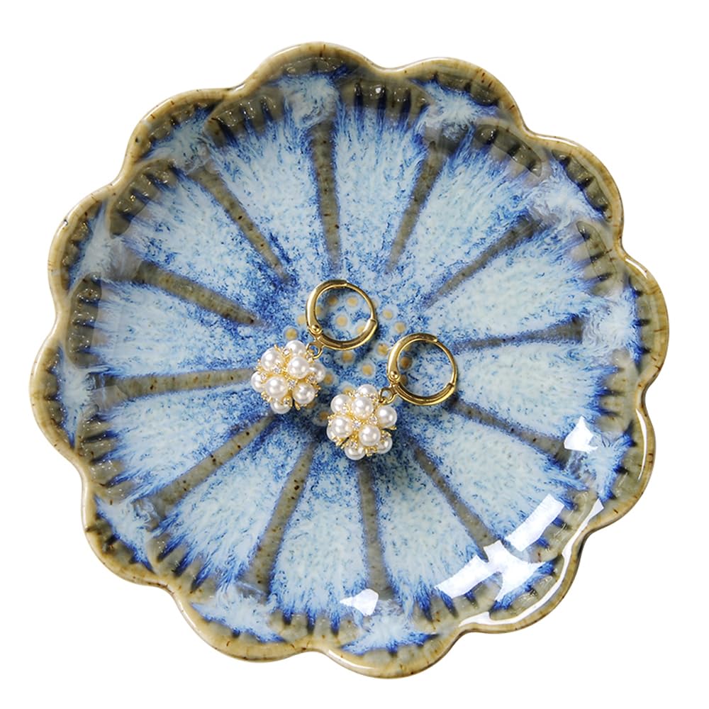Lotus Ring Holder Dish Small Indoor Ash Tray, Ceramic Dessert Plate Trinket Jewelry Holder Organizing Necklace Earrings for Parents Friends Sister, All Jewelries Are NOT Included, Retro Blue.