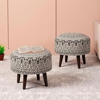 Sponsored Ad - nestroots Set of 2 Wooden Ottoman Stools for Living Room | Printed Pouffes for Sitting, Foot Rest with 4 Wooden Legs | 14 Inch Height, Grey | Stylish & Comfortable Furniture for Home Décor