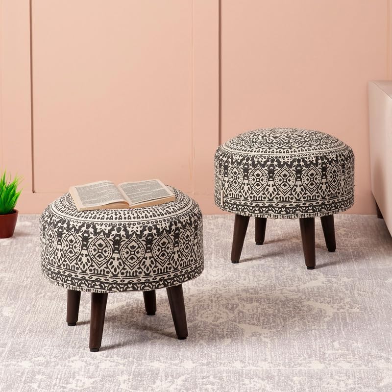 Set of 2 Wooden Ottoman Stools for Living Room | Printed Pouffes for Sitting, Foot Rest with 4 Wooden Legs | 14 Inch Height, Grey | Stylish & Comfortable Furniture for Home Décor