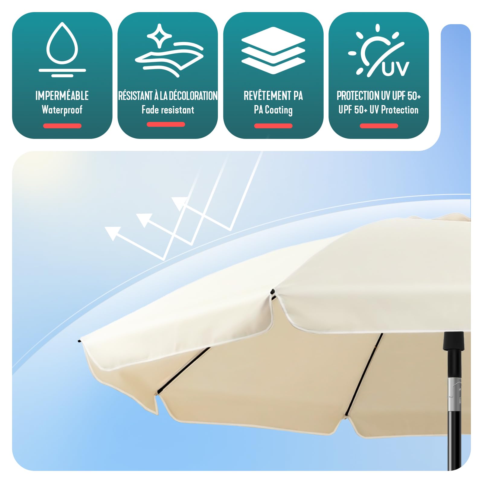 VOUNOT® Sombrilla Playa Grande Ø200cm y Soporte Arena Mástil Inclinable Altura Regulable Protección UV 50+ Parasol con Techo Ventilación Bolsa Transporte para Playa Terraza Balcón Camping Exterior — view 4